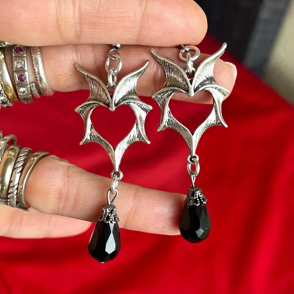 Heart Bat dragon wings dangly earrings with black drop crystal boho goth silver